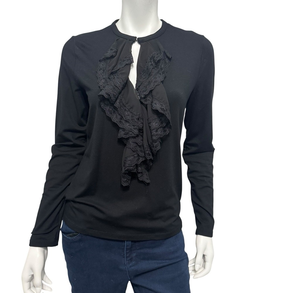 RALPH LAUREN LRL Women's M Black Lace Trim Knit Shirt Preppy Coquette Feminine